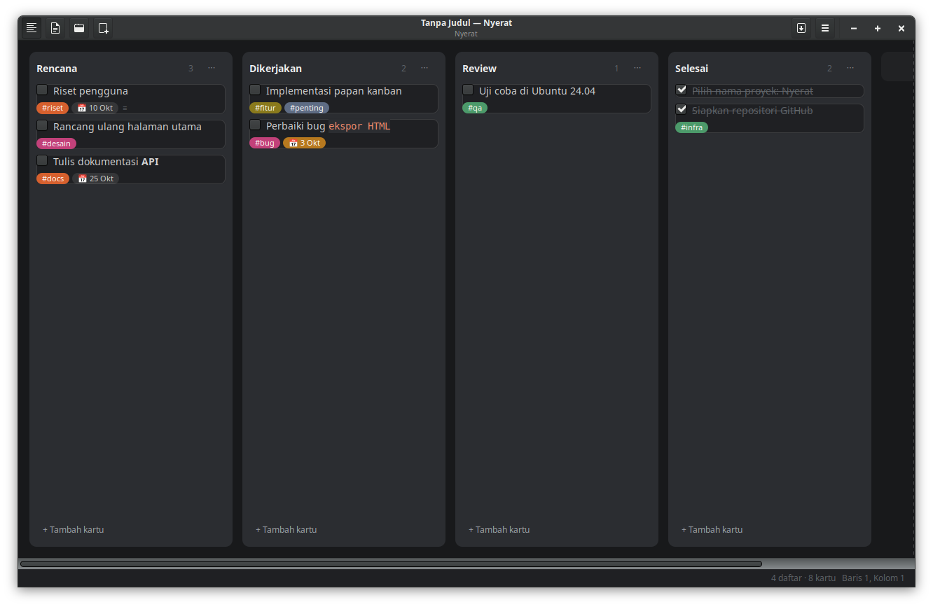 Papan kanban dalam mode gelap