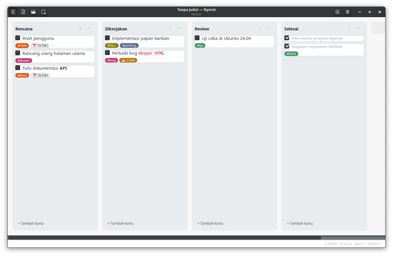 Papan kanban mode terang dengan empat daftar dan kartu berlabel