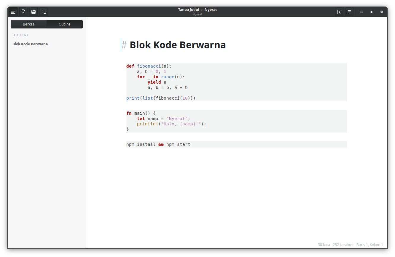 Blok kode Python, Rust, dan Bash dengan pewarnaan sintaks